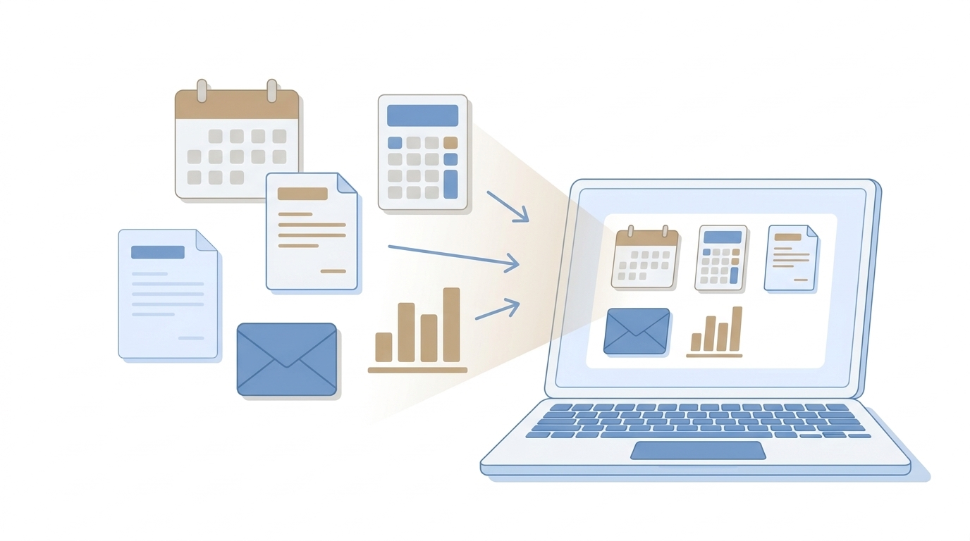 업무 도구 통합 개념도 — 인사, 결재, 회계, ERP, 이메일, 프로젝트가 하나의 플랫폼으로 통합되는 모습
