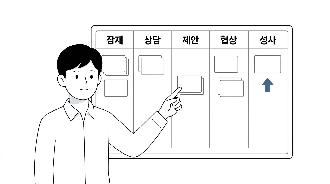 도토 CRM — 잠재·상담·제안·협상·성사 영업 파이프라인 칸반 보드 일러스트