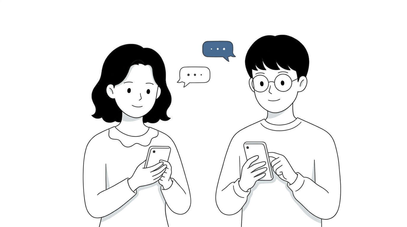스마트폰으로 도토 메신저 대화를 주고받는 두 사람