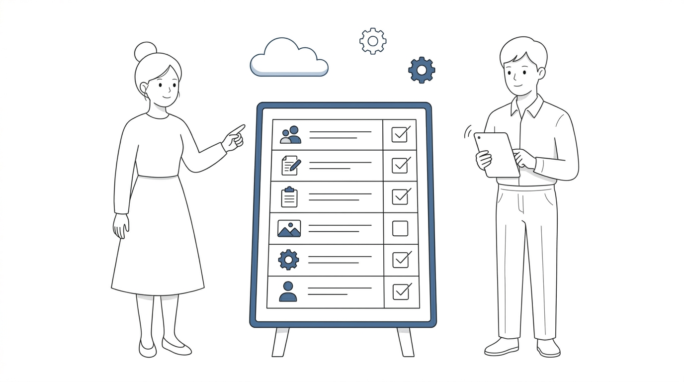 ERP 도입 체크리스트를 확인하는 비즈니스 일러스트