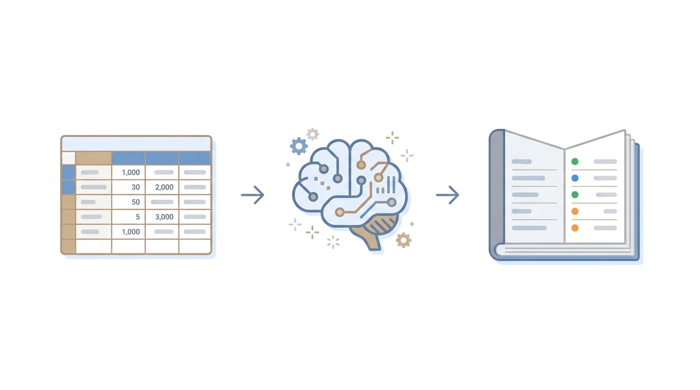 AI가 거래 내역을 자동으로 분류하고 전표를 생성하는 개념도