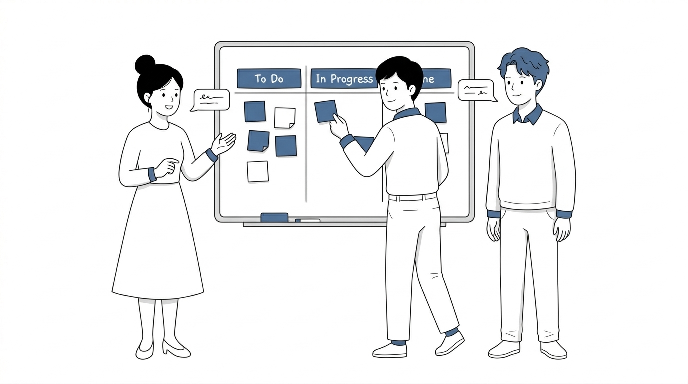 팀원들이 칸반 보드로 프로젝트를 협업하는 모습