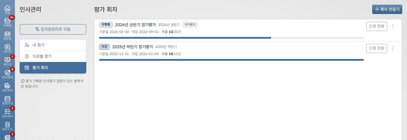 도토 평가 회차 목록 — 진행중인 회차의 제출 건수와 진행률 막대, 마감된 지난 회차