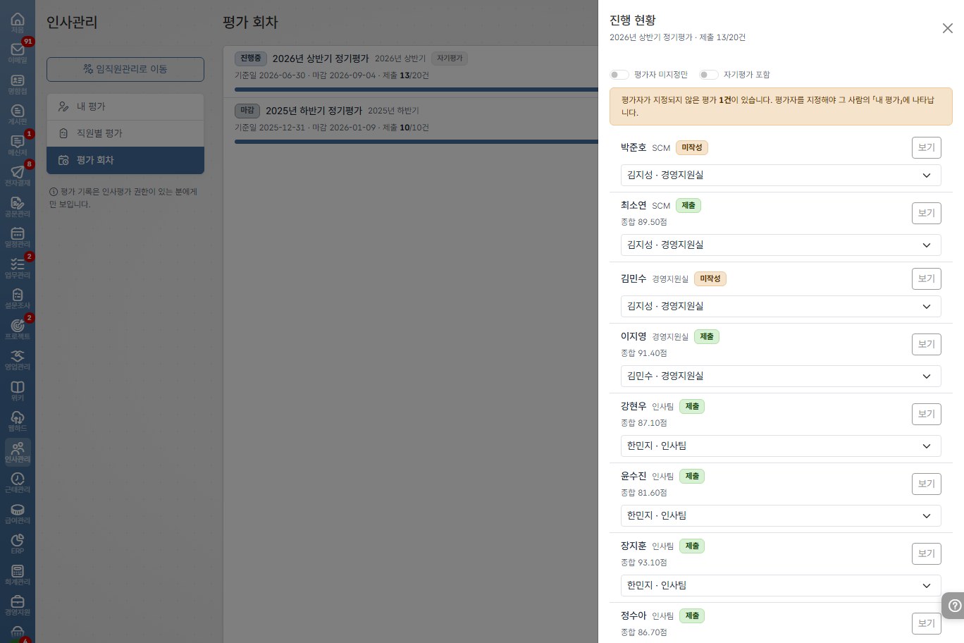 도토 인사평가 · 평가 회차 진행 현황에서 사람별 제출 상태와 종합점수를 보고 평가자를 고르는 화면