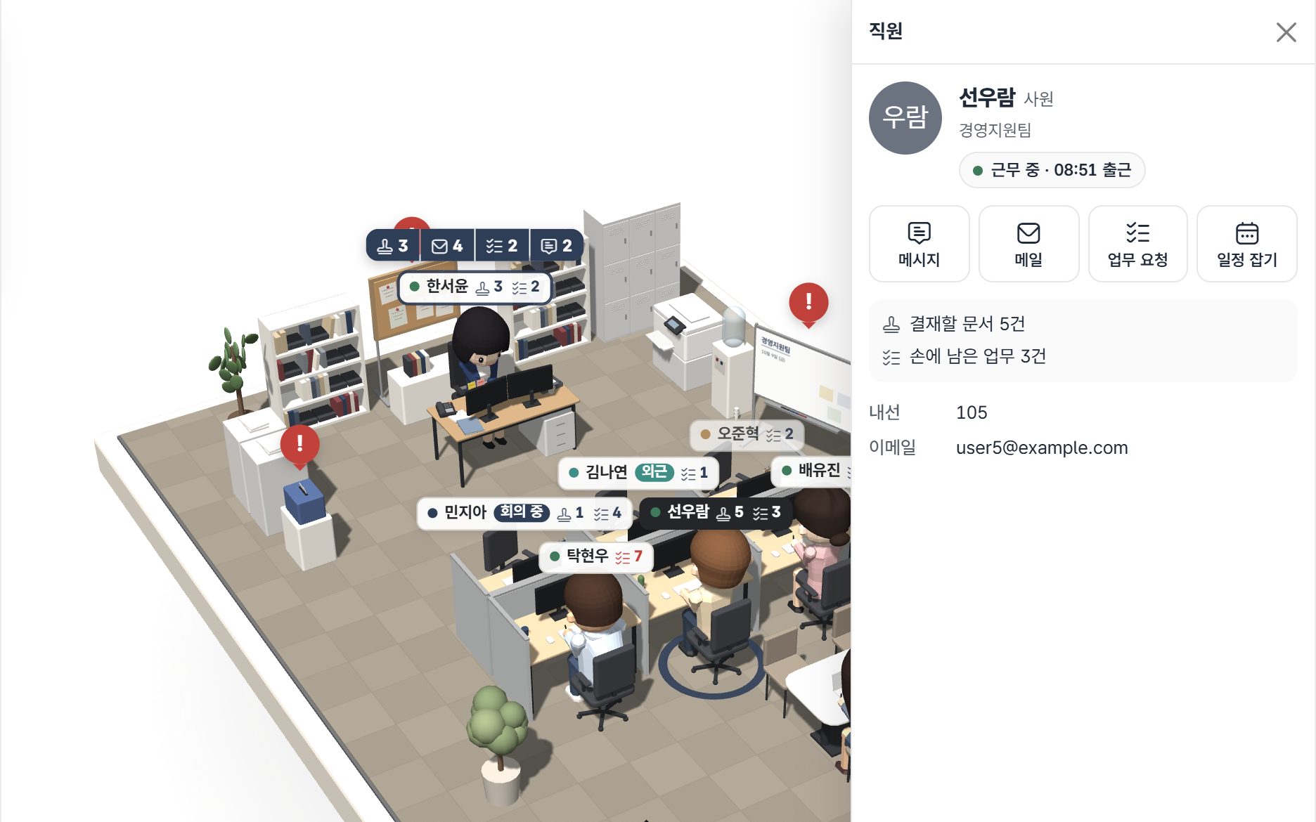 우리 사무실 직원 카드. 메시지, 메일, 업무 요청, 일정 잡기 버튼이 있다