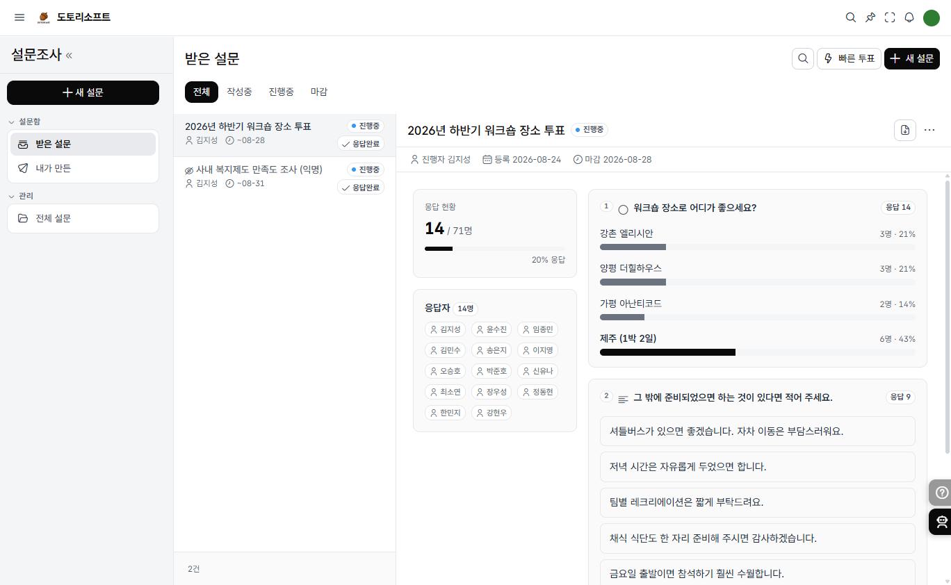 도토 설문조사 · 응답 현황과 집계 화면